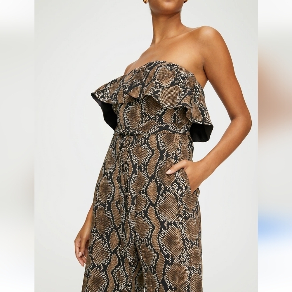 Size 6 ●.Aritzia Babaton Strapless Ruffle Snake Print Jumpsuit Romper